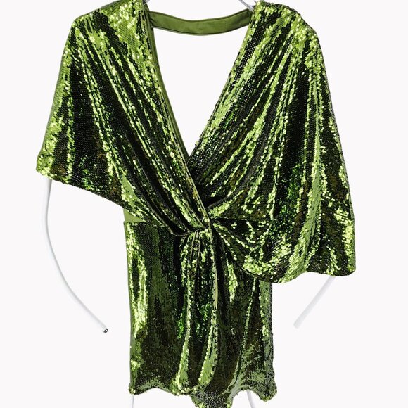 ASOS Design Womens Size 6 Tall Green Sequin Mini Dress V Neck Draped - Picture 1 of 12